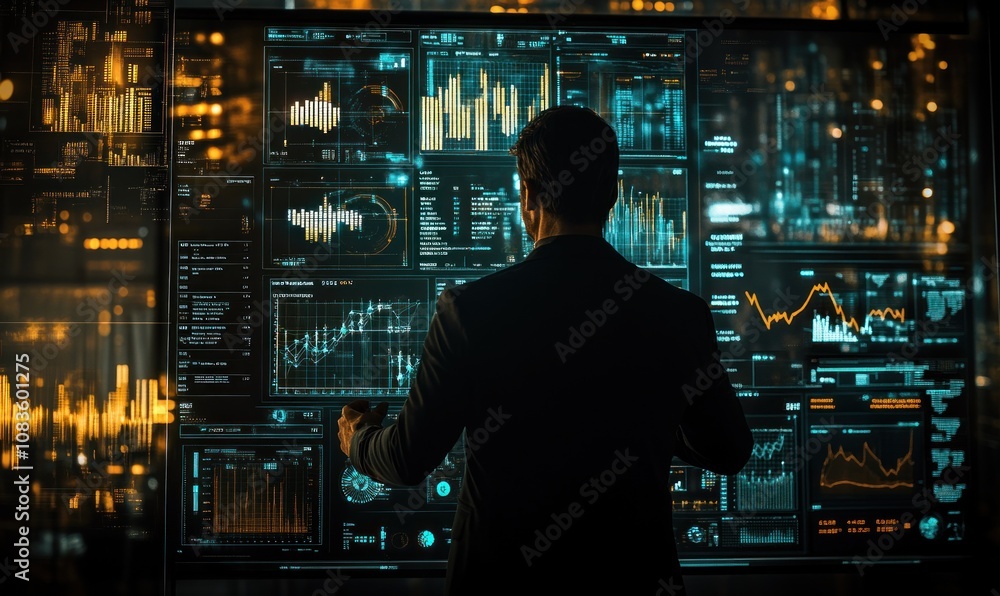 Poster Silhouetted Man Analyzing Data on Large Screen with Financial Graphs and Charts