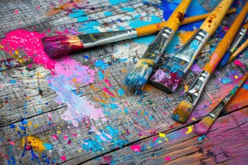 Obraz premium A vibrant collection of paintbrushes on a splattered wooden surface.