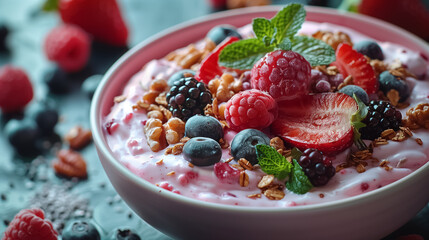 Top View of Creative Breakfast with Strawberries and Walnuts in a Pink Bowl