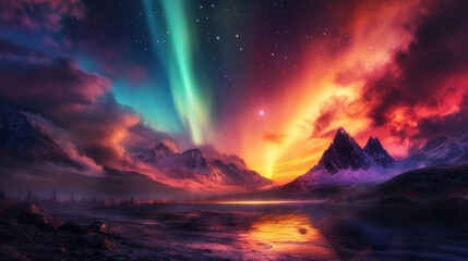 The Aurora Borealis illuminating the night sky in a remote wilderness, with dramatic clouds and peaks framing the scene.