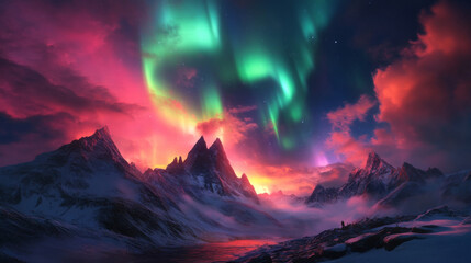 The Aurora Borealis illuminating the night sky in a remote wilderness, with dramatic clouds and peaks framing the scene.