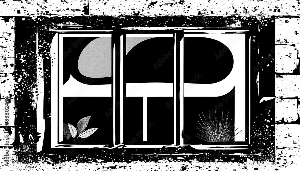 Poster artistic black and white window view with unique patterns and plants in a vintage setting