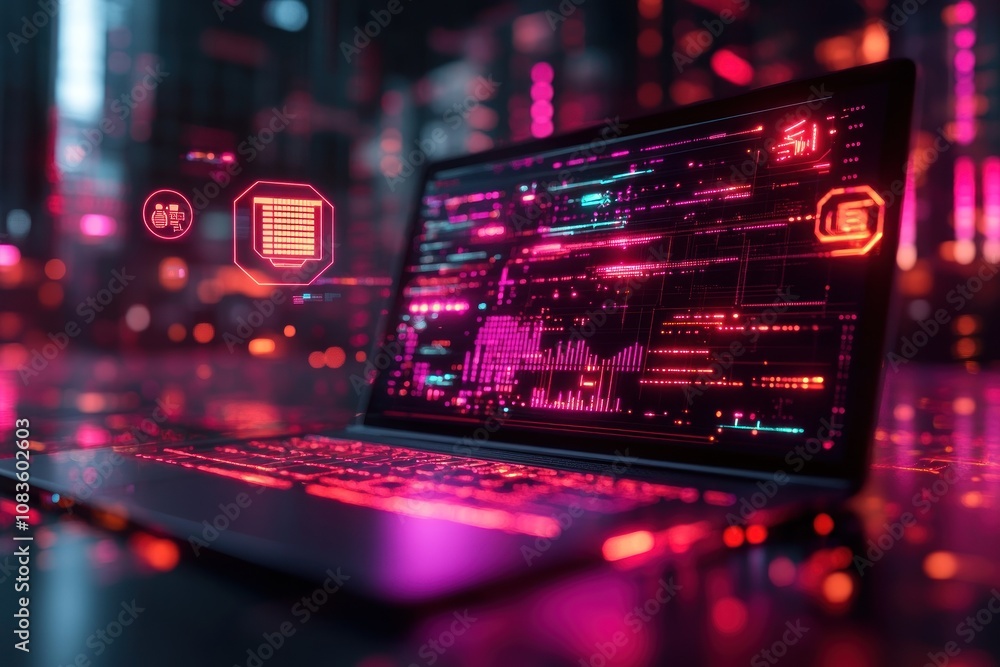 Poster Neon-Lit Laptop Displaying Data and Code in a Futuristic Setting