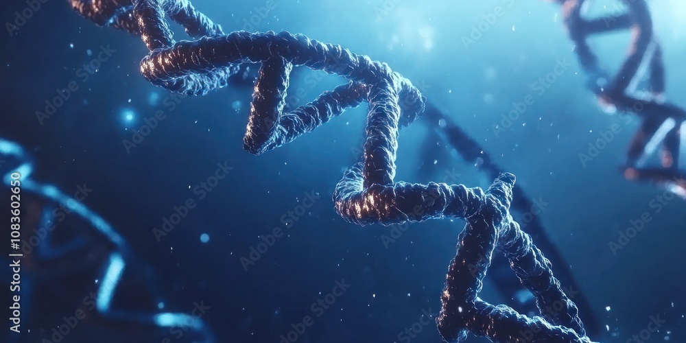 Poster close-up of a double helix dna strand with a blue background