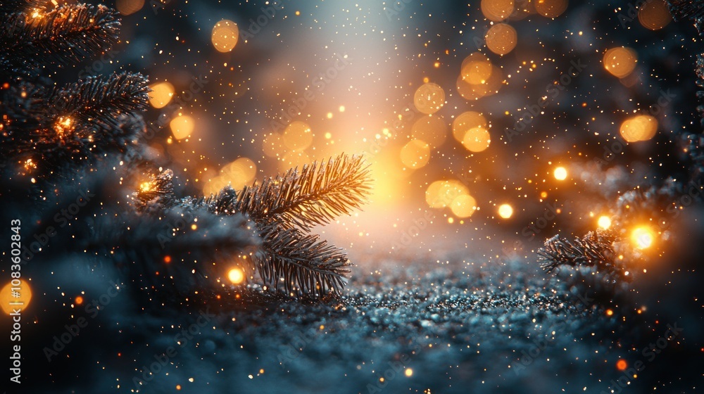Poster a close-up of a pine branch with a blurred background of warm, festive lights