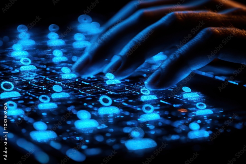 Poster hand typing on a keyboard with glowing blue profile icons