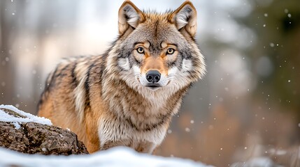 Fototapeta premium A beautiful photograph of a lone wolf standing on a snowy hill, with its glossy fur blending seamlessly with the wintry landscape.