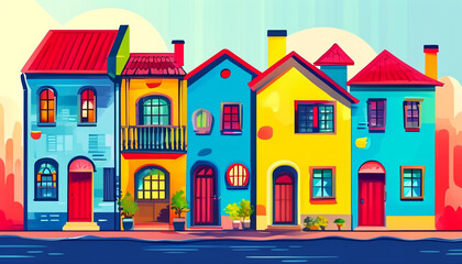 Naklejka premium Vibrant colorful houses lined up on a sunny day in a lively neighborhood setting