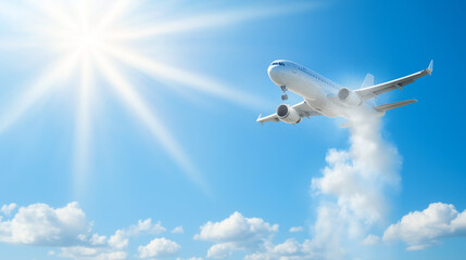 Aircraft releasing particles into the atmosphere, symbolizing environmental impact and the balance between technological advancement and ecological responsibility