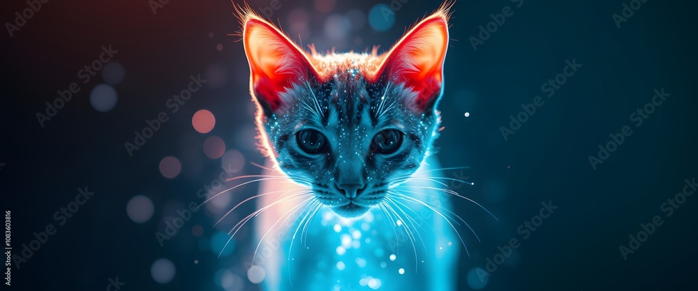 Aufkleber A Captivating Image of a Vigorous Cat Dispersing into Glowing Particles: Perfect for Artistic and Conceptual Projects