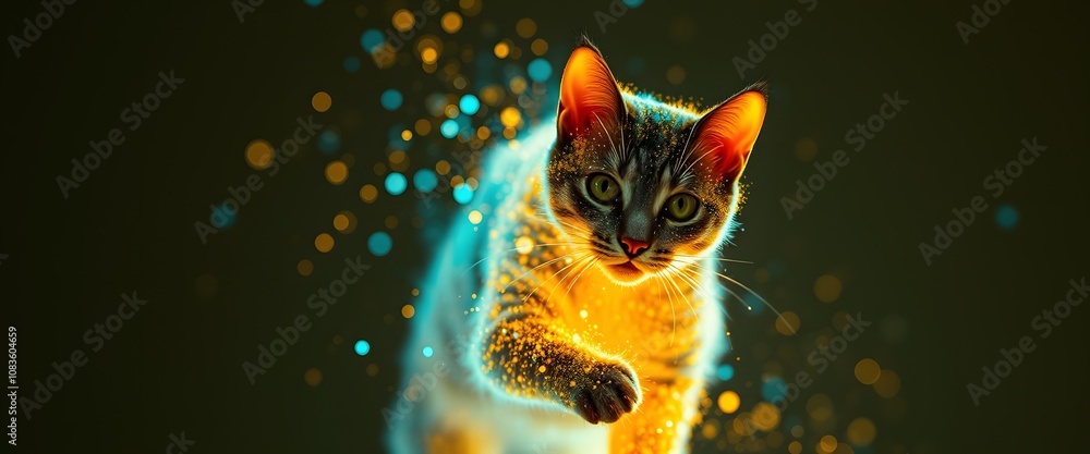 Poster a vibrant cat vanishing into radiant particles, creating a captivating visual illusion perfect for a