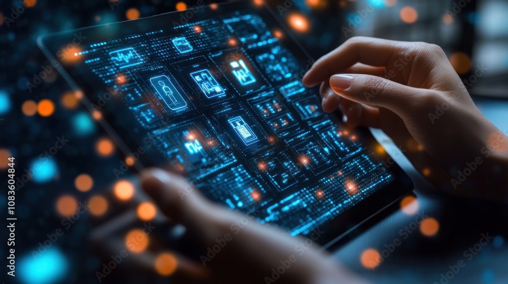 Poster A Hand Interacting with a Tablet Displaying a Digital Interface