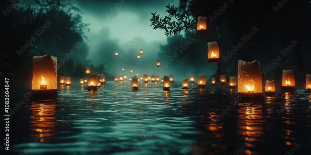 Aufkleber glowing paper lanterns floating on a still river at night