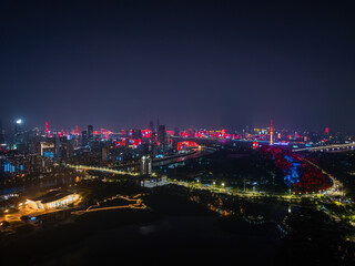 Night view of the landmark city on the two rivers and four banks of Wuhan, China