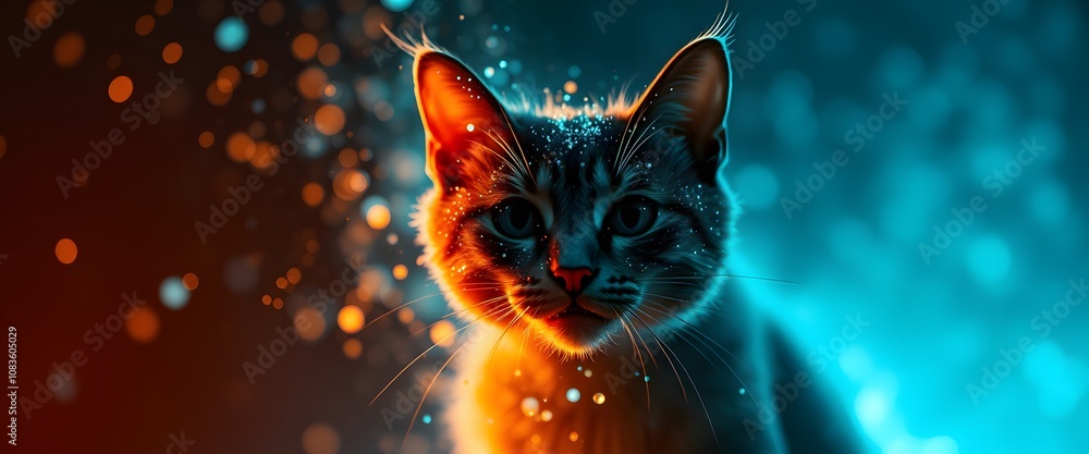 Poster A Vivid Image of a Vigorous Cat Dissolving into Glowing Particles, Capturing a Unique Moment of Dynamic Movement and Fantasy Imagery