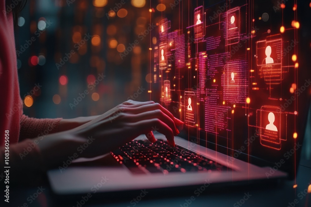 Poster Person Typing on a Laptop with a Red Digital Overlay Showing Data and User Profiles