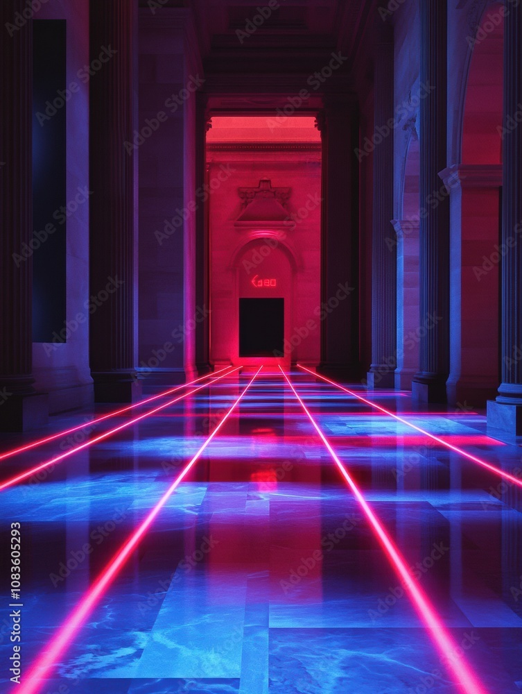 Aufkleber red laser beams create a striking pattern across the polished floor of a dimly lit corridor, enhanci