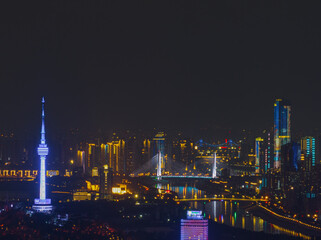 Night view of the landmark city on the two rivers and four banks of Wuhan, China