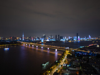 Night view of the landmark city on the two rivers and four banks of Wuhan, China