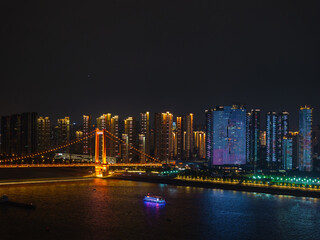 Night view of the landmark city on the two rivers and four banks of Wuhan, China
