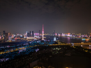 Night view of the landmark city on the two rivers and four banks of Wuhan, China