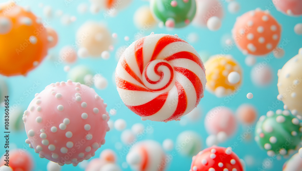 Poster colorful candy swirls and spheres floating in air. whimsical candies in various colors and patterns 