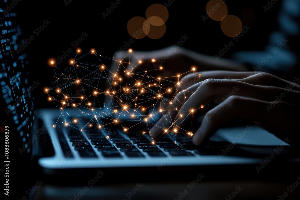 Aufkleber Hands Typing on Laptop Keyboard with Glowing Network Connection