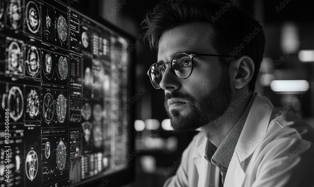Poster A Man Studying Brain Scans on a Computer Monitor