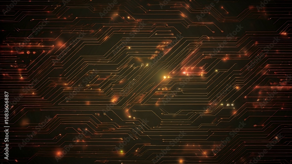 Poster glowing orange circuit board pattern with a futuristic tech feel.