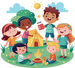 Obraz premium Happy children camping and enjoying summer vacation