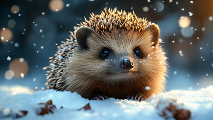 Obraz premium A hedgehog wandering through fresh snow in winter. A small hedgehog explores a snowy landscape, surrounded by soft snowflakes in a serene winter setting.