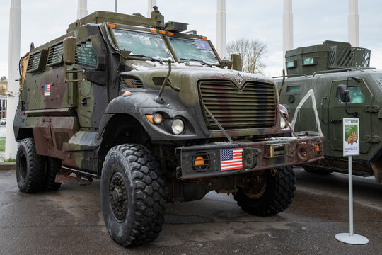 SAINT PETERSBURG, RUSSIA - DECEMBER 05, 2024: American armored personnel carrier International MaxxPro Plus close-up. Exhibition of captured equipment from the special military operation zone