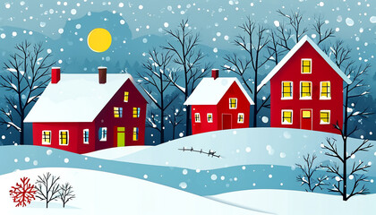 Fototapeta premium Charming winter landscape with red houses and falling snow in a tranquil setting