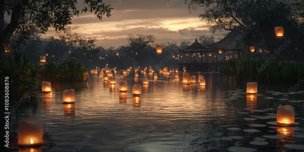 Poster Illuminated Lanterns Floating on a Calm Lake at Sunset
