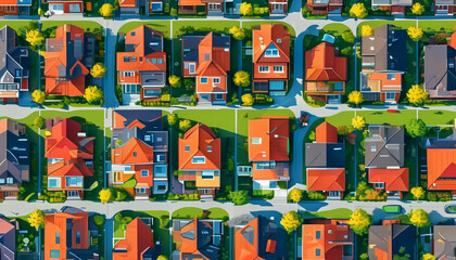 Naklejka premium Colorful rooftops in a suburban neighborhood during sunny daytime