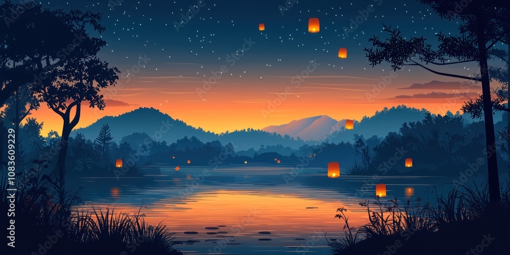 Poster silhouetted trees and lanterns reflecting in a still lake at sunset