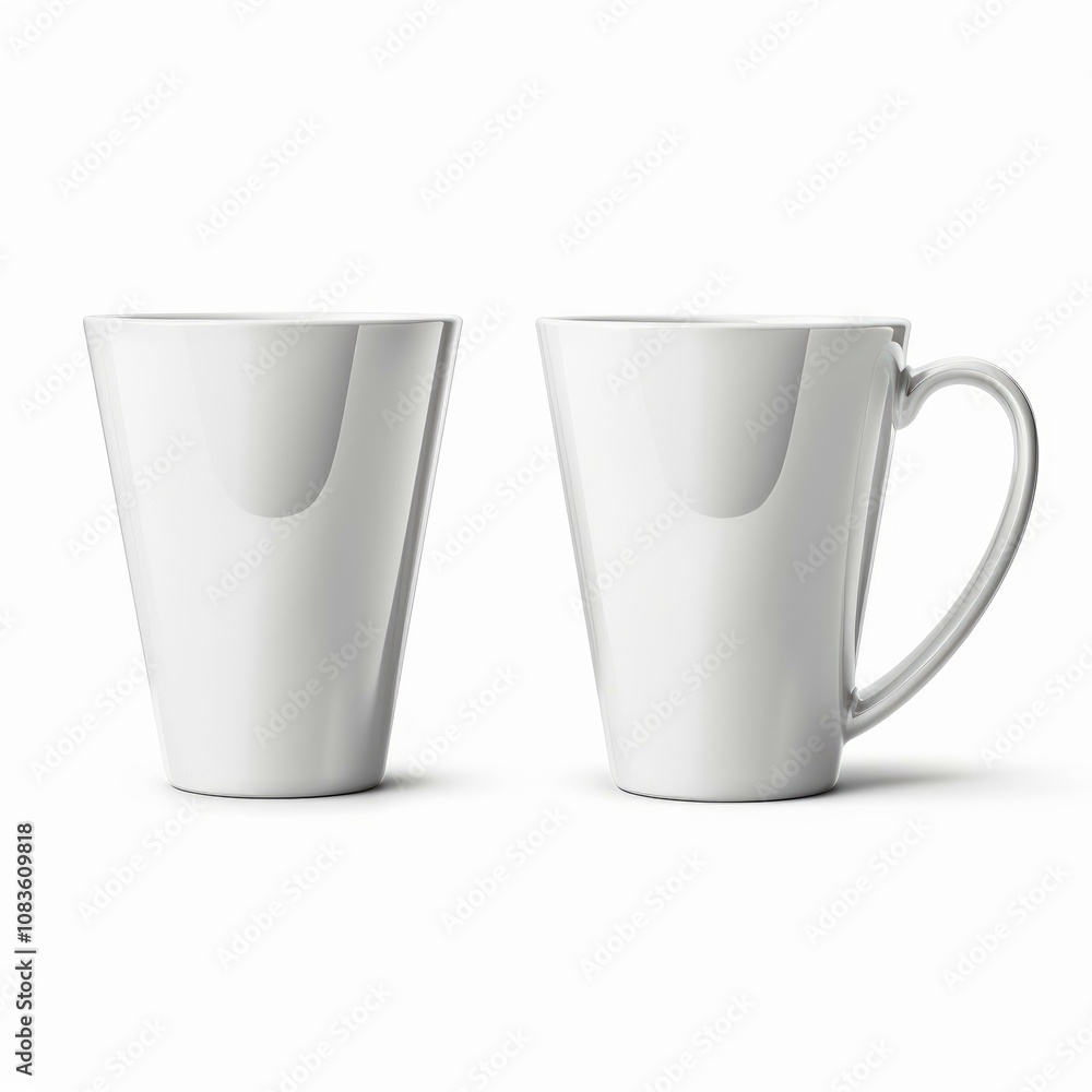 Poster two gleaming white porcelain mugs, one with and one without a handle, create a minimalist still life