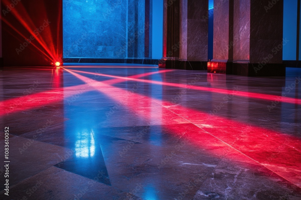 Aufkleber Red laser beams create a striking visual pattern across the polished floor in a dimly lit modern interior, enhancing security features. Generative AI