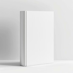 Realistic white hardcover book standing upright on a white surface with a white background, creating a clean and minimalist aesthetic