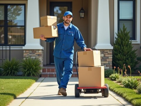A delivery person carries several boxes while pulling a cart with additional packages on a sunny day in a suburban area, showcasing their work attire