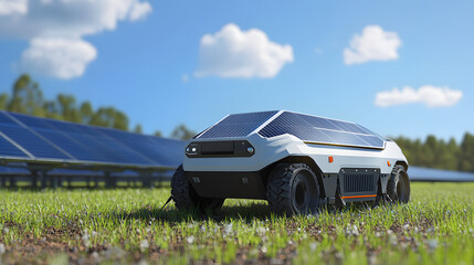 Fototapeta premium A solar-powered autonomous robot used for cleaning large solar farms, maintaining efficiency by utilizing solar energy to power its cleaning operations.