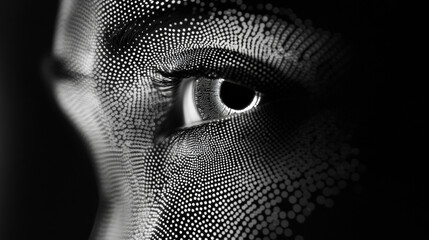 The idea of cyberspace, where technology changes the way we live, is shown through a futuristic eye made of dots.