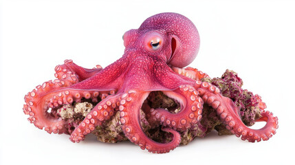 A vibrant purple octopus rests on coral, showcasing its intricate tentacles and unique texture in a vibrant underwater scene.