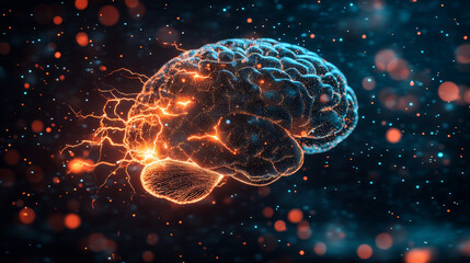 Obraz premium The image shows a brain with lightning around it, representing the power and activity of the brain.