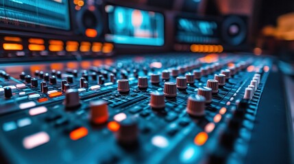 Obraz premium Close-up of a Sound Mixer Control Panel with Knobs and Buttons