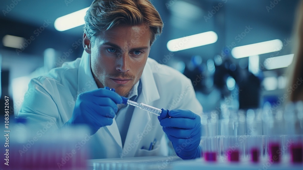 Aufkleber scientist in a lab coat examining a test tube with a focused expression