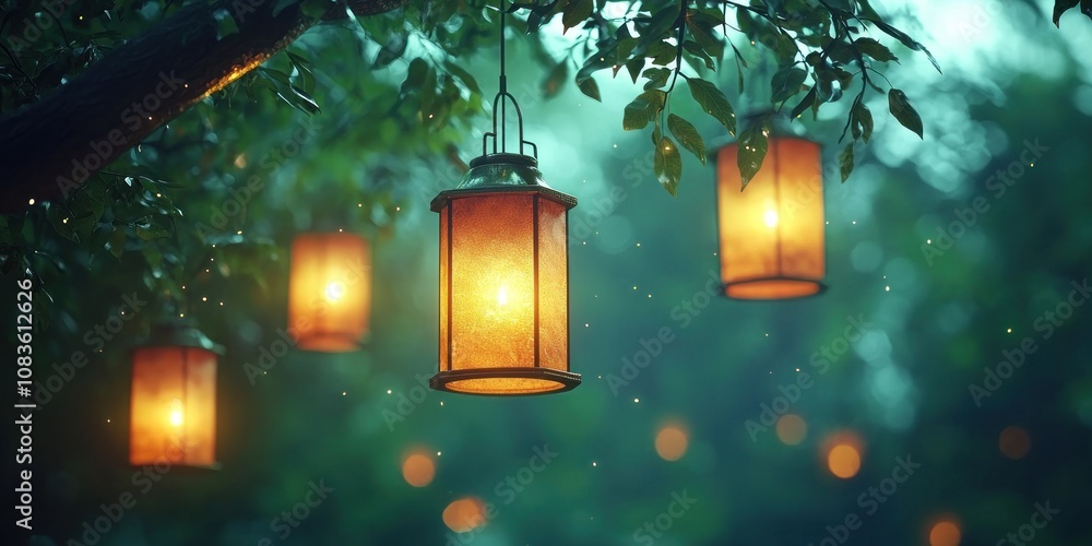 Poster Lanterns Hanging From a Tree Branch in a Forest Setting