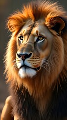 Fototapeta premium Regal lion with majestic mane in dramatic close-up portrait, showcasing its regal presence and intense gaze.