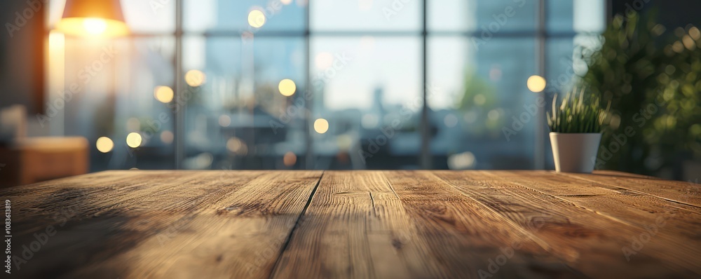 Poster blurred wooden table texture viewed through a modern office window, creating an inviting scene.
