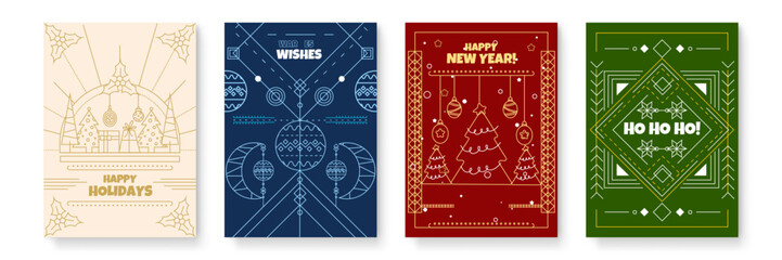 Naklejka premium Festive Greeting Card Chritsmas Line Style Designs with Ornaments